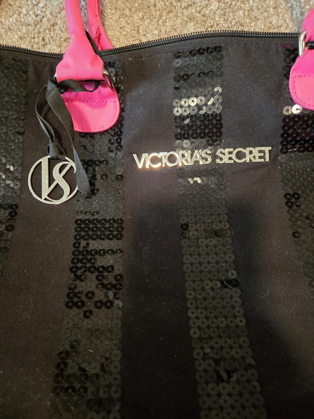 Victoria's Secret Black Sequin Tote with Hot Pink Handles and Logo Charm